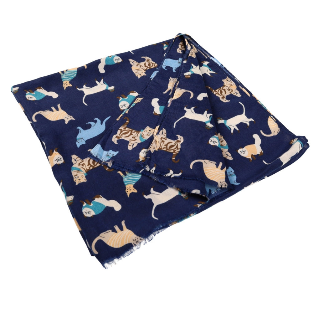 Sciarpa blu navy da collo con fantasia di gatti – Nikko (1)