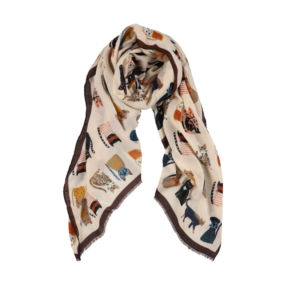 Sciarpa morbida beige con fantasia di gatti – Nikko (4)