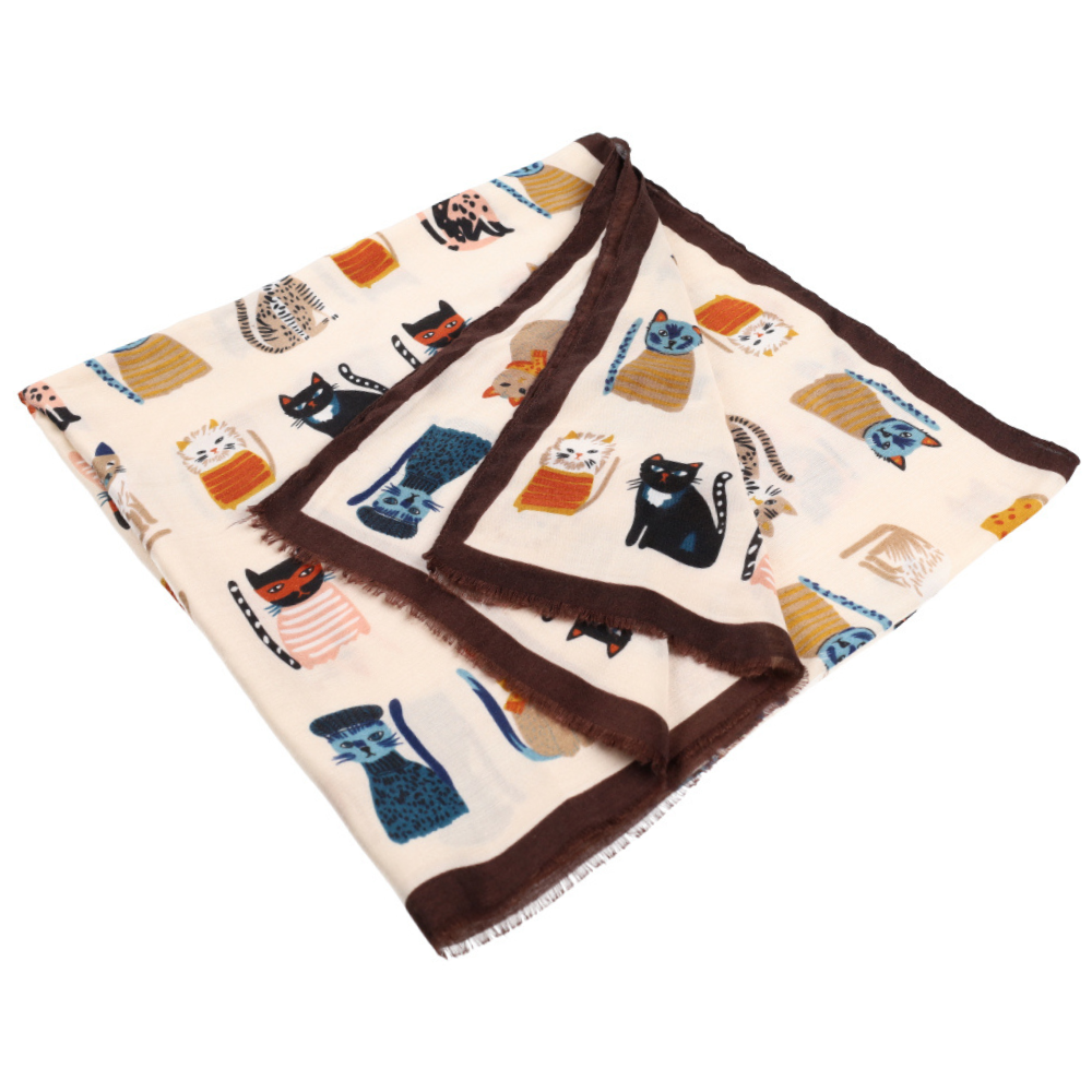 Sciarpa morbida beige con fantasia di gatti – Nikko (1)