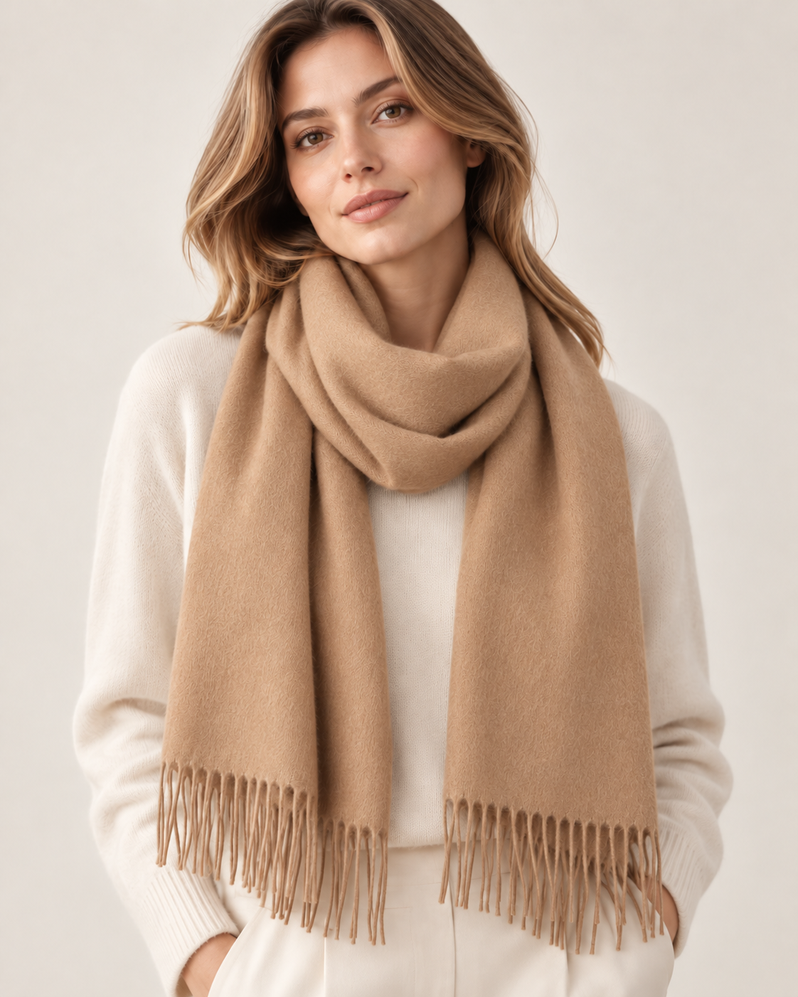 Sciarpa invernale beige chiaro in cashmere da donna Parigi (5)