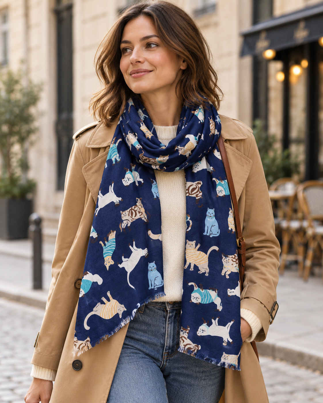 Sciarpa blu navy da collo con fantasia di gatti – Nikko (5)