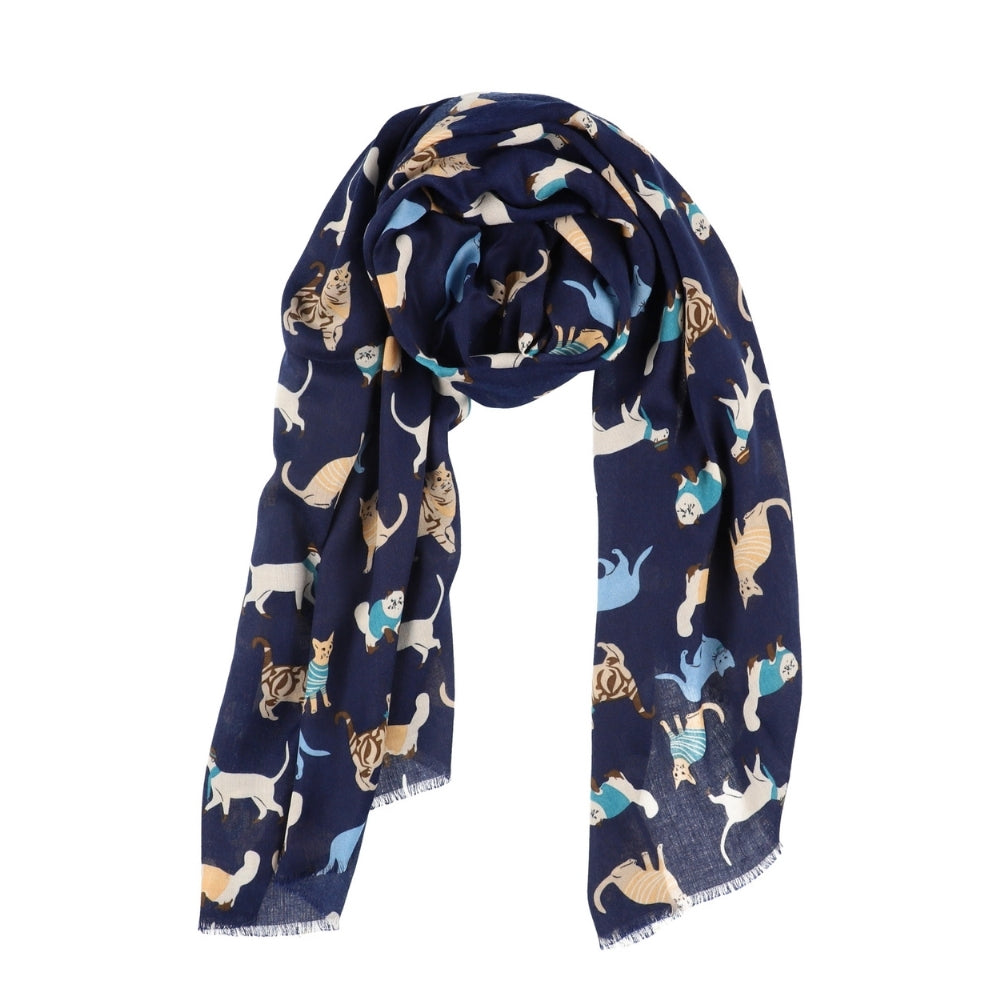 Sciarpa blu navy da collo con fantasia di gatti – Nikko (4)