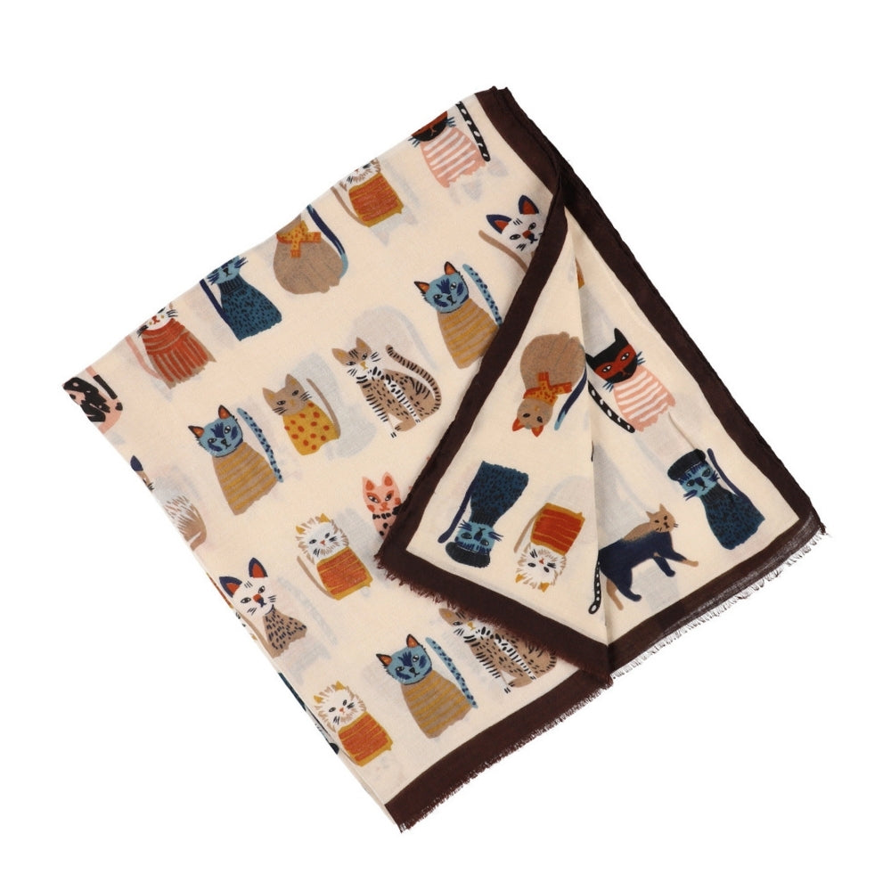 Sciarpa morbida beige con fantasia di gatti – Nikko (3)