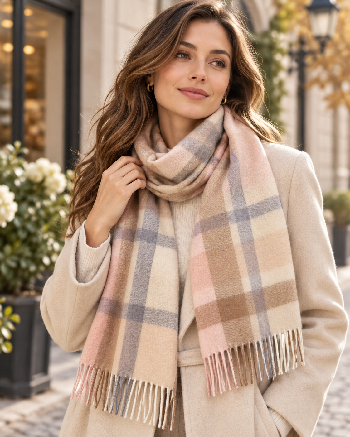 Sciarpa beige a quadri in lana 100% – Londra (5)