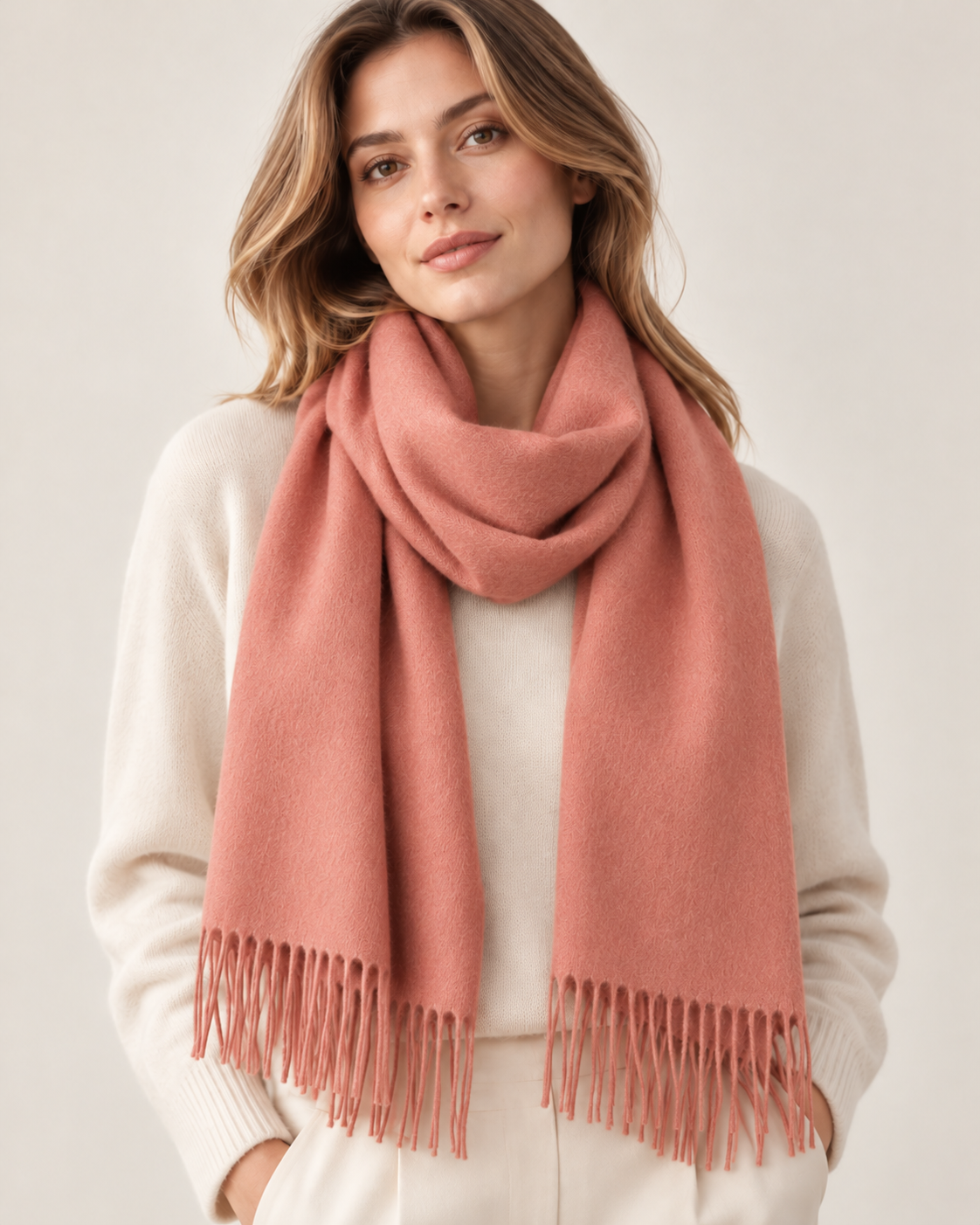 Sciarpa in cashmere tinta unita rosa cipria da donna Parigi (5)